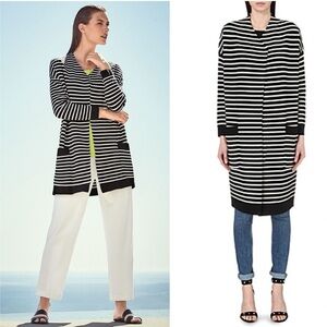 Maje Milan Striped Oversized Knitted Long Sweater Cardigan Coat in Black size XL
